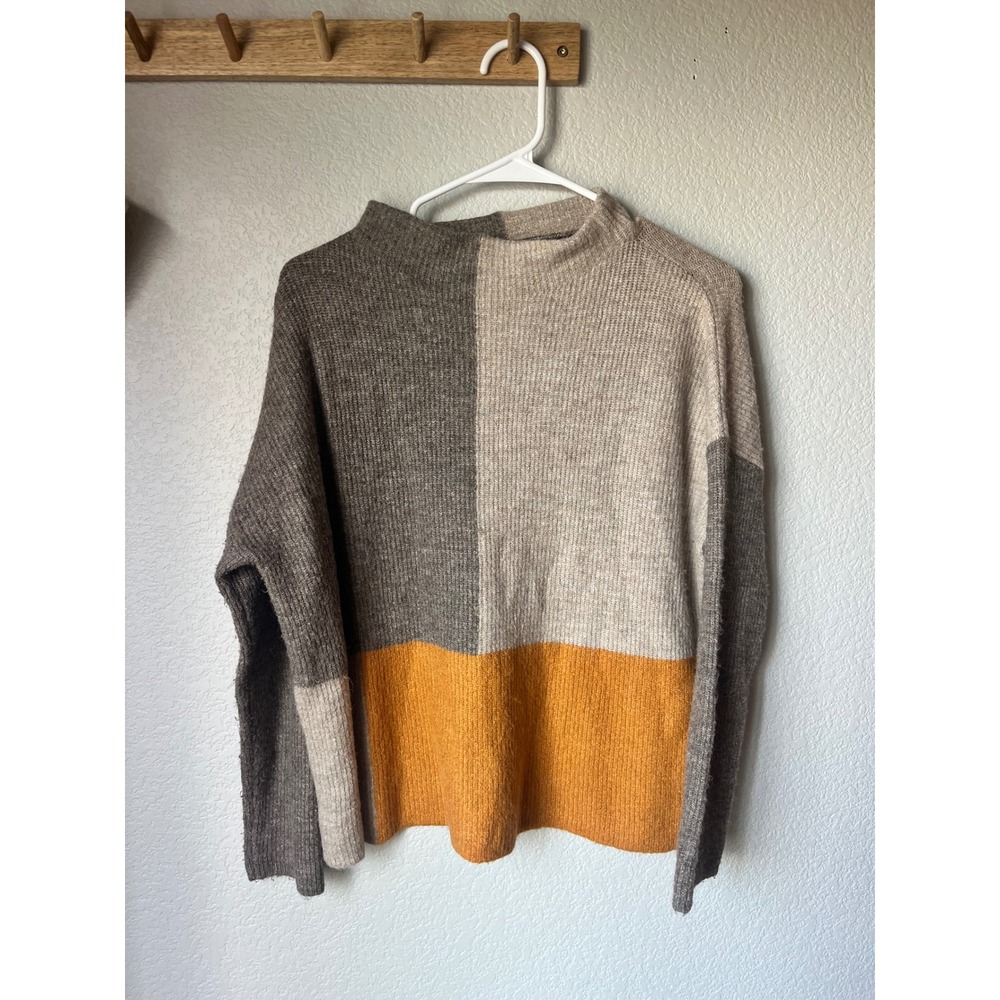 Keren Hart Women Colorblock Ribbed Knit Sweater Mock Neck Brown Beige Mustard M
